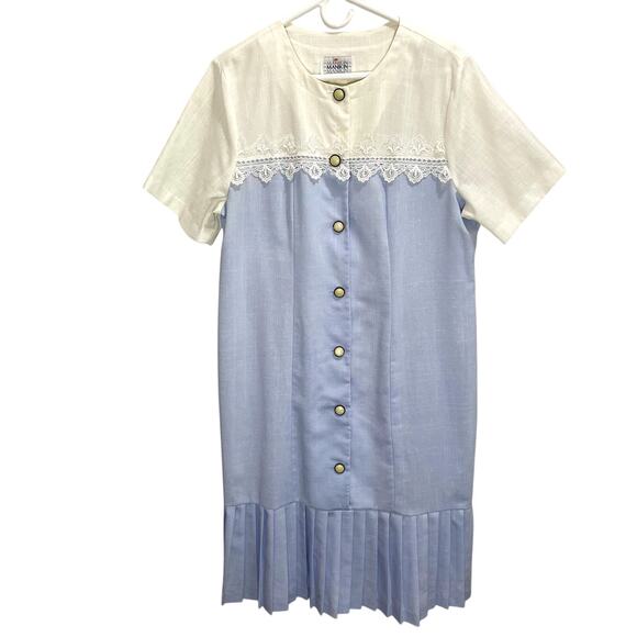 Vintage 80s ILGWU Manikin Woven Charleston Blue & White Pleated Trim Dress - Picture 1 of 13